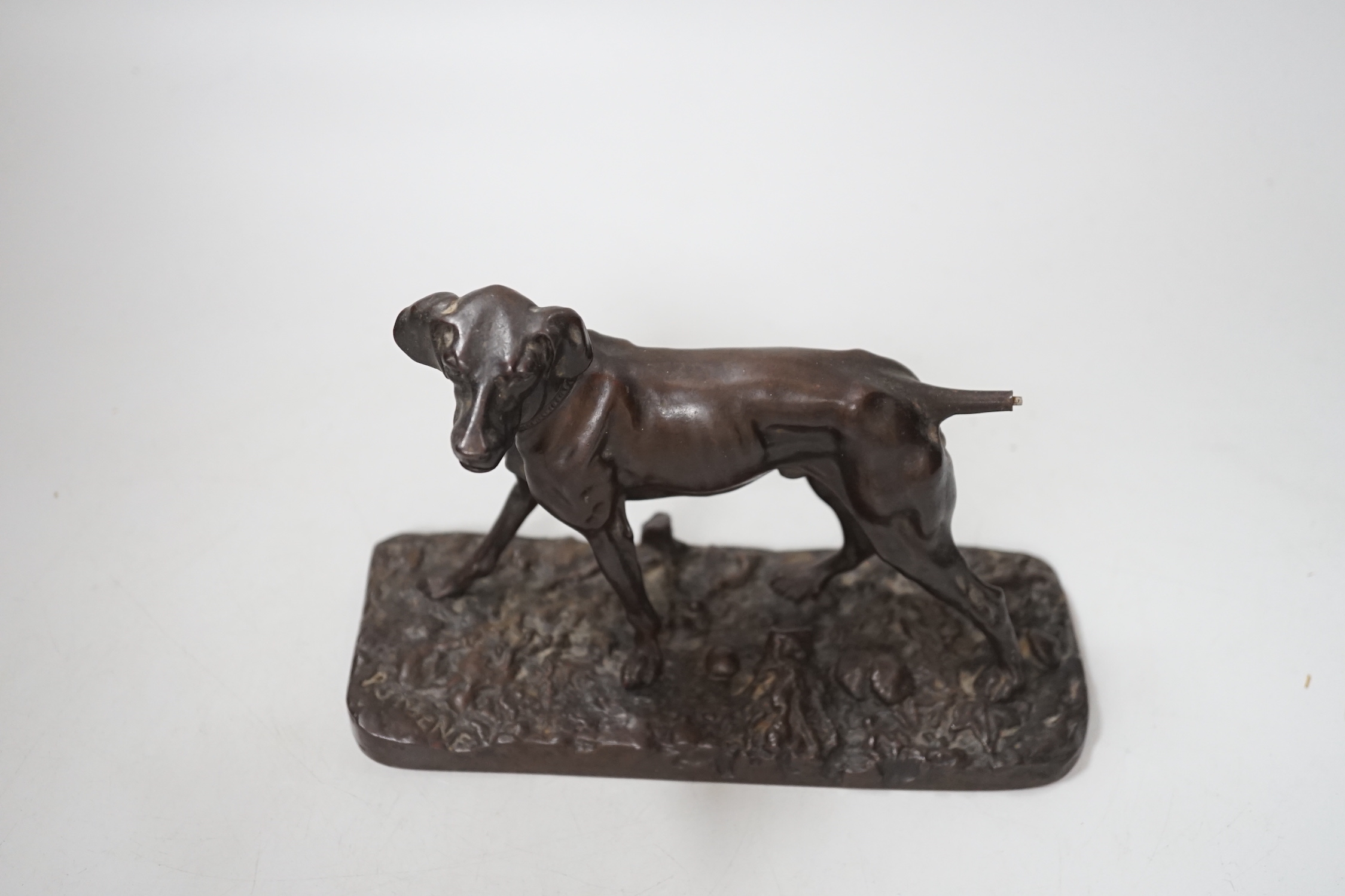 After Pierre-Jules Mêne (1810 – 1879) a patinated cast iron hound and a similar small bronze figure of a greyhound, the largest 18cm wide